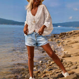Women's V-Neck Button-Up Lace Cardigan Semi-Sheer Geometric Pattern Mid-Long Sleeve Lightweight Beach Spring&Summer Fashion