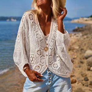 Women's V-Neck Button-Up Lace Cardigan Semi-Sheer Geometric Pattern Mid-Long Sleeve Lightweight Beach Spring&Summer Fashion