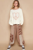 POL Round Neck Long Sleeve Thermal Knit Patch Top