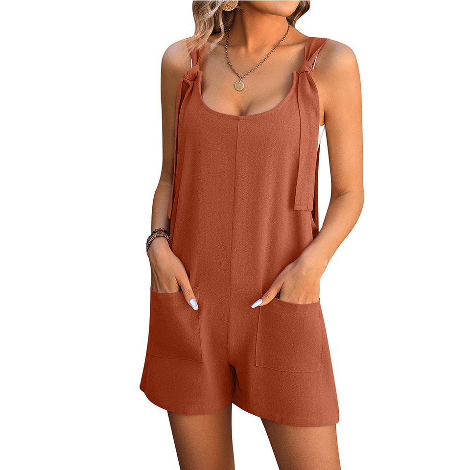 Women's Summer Beach Jumpsuit with Pockets – Casual Sleeveless Rompe